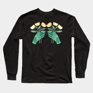 Green hands with yellow flowers for you on black background Long Sleeve T-Shirt